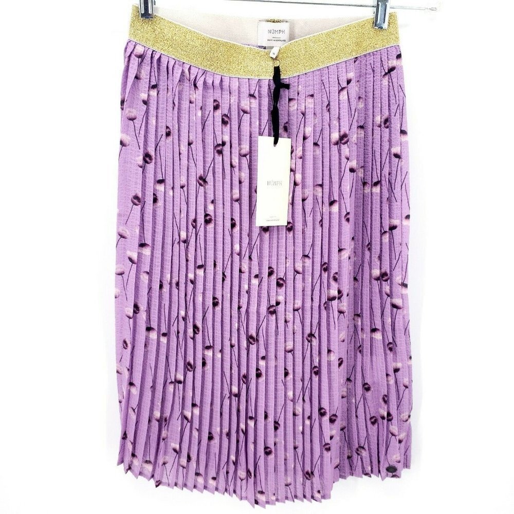 NWT NUMPH Purple Poppy Floral Skirt Gold Metallic Elastic Waist Band Pleated